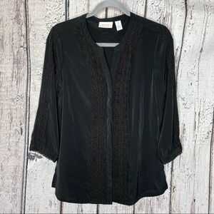 Chico’s 0 = Small‎ Black Silky Button Front Blouse with Lacy Accents 3/4 Sleeves